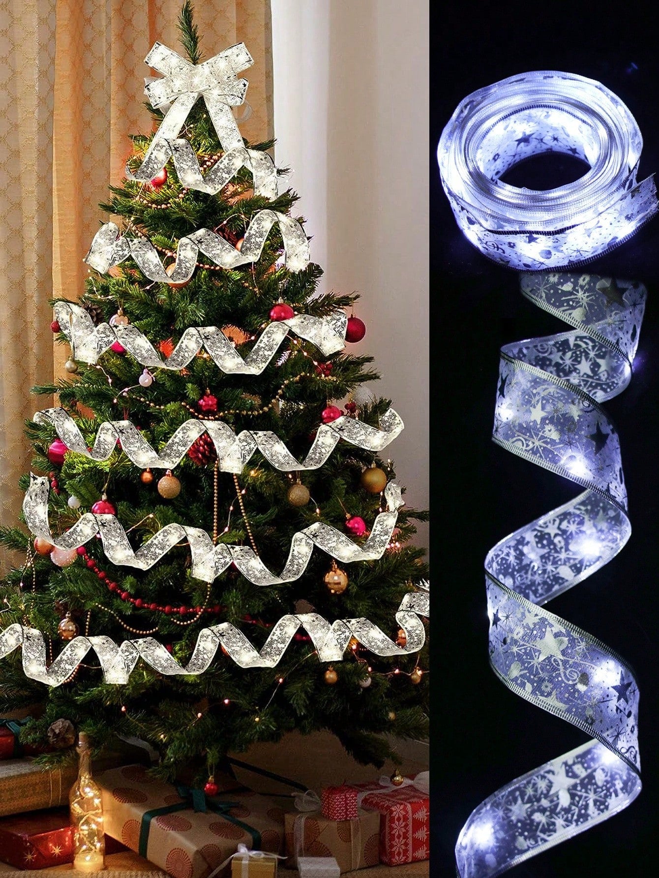 1pc 10 Meters Long Christmas Decoration Golden Ribbon With Light , Christmas Tree Decoration Party Background Decoration Supplies