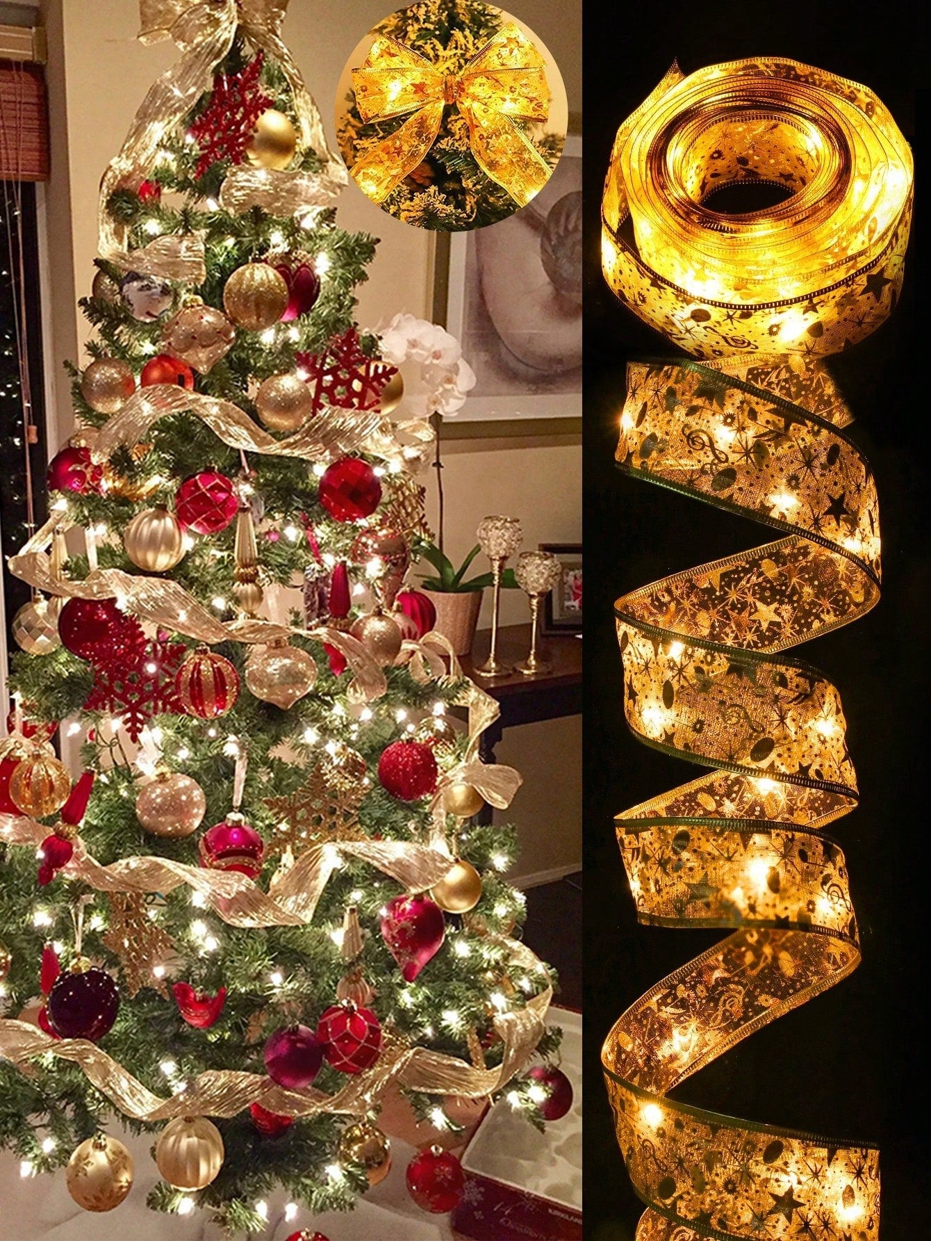 1pc 10 Meters Long Christmas Decoration Golden Ribbon With Light , Christmas Tree Decoration Party Background Decoration Supplies