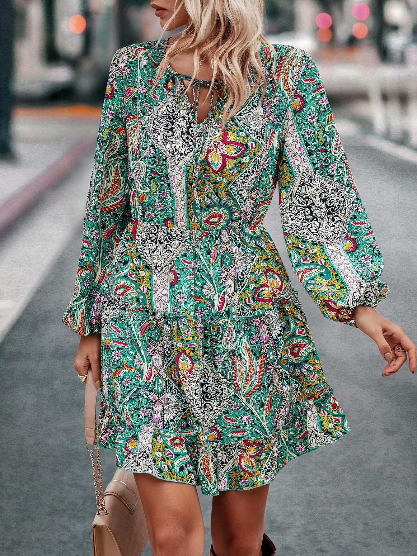 Ditsy Floral Tie Neck Bishop Sleeve Layered Dress