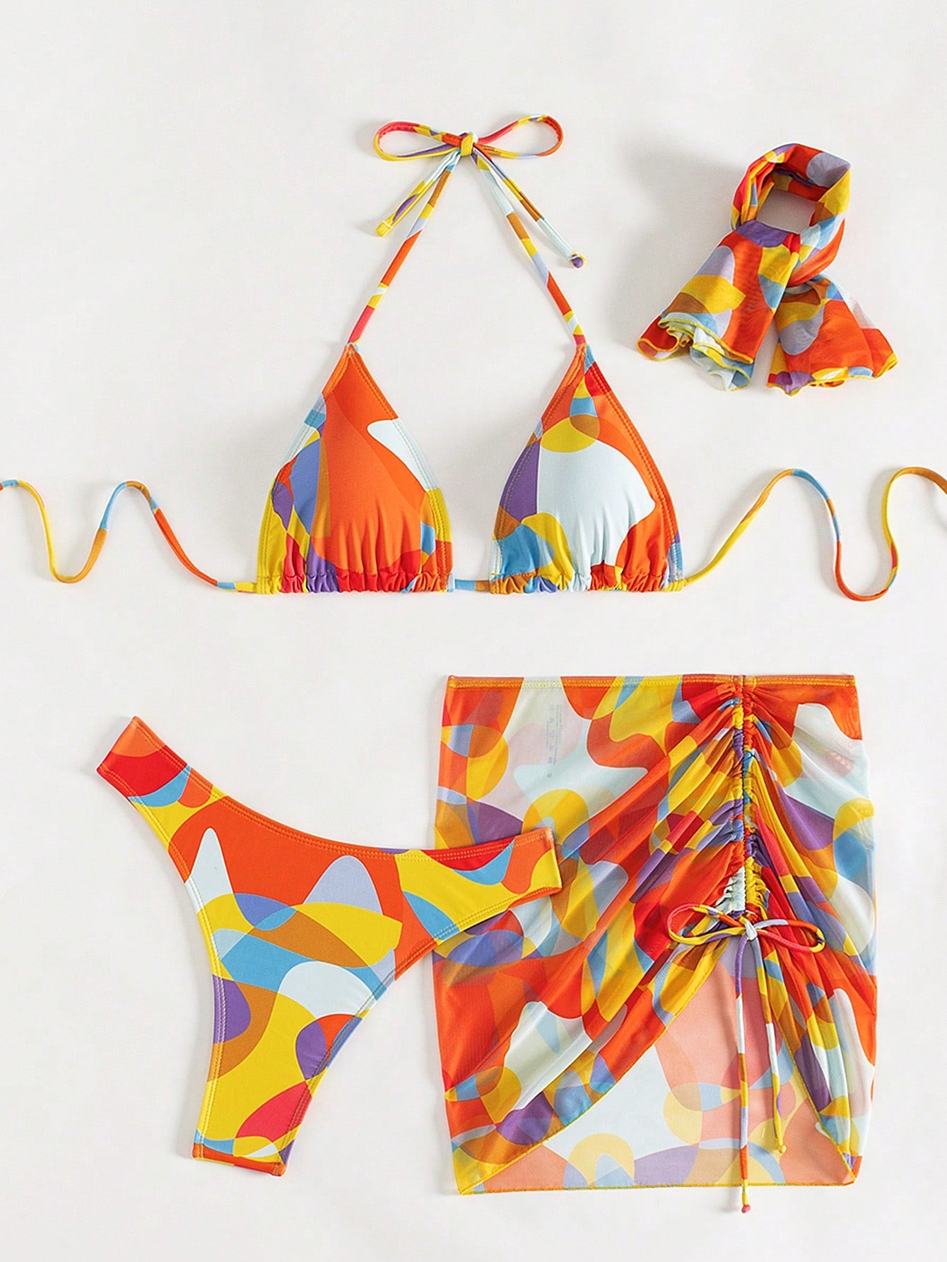 Swim Vcay Allover Print Halter Triangle Bikini Swimsuit With Beach Skirt & Bandana