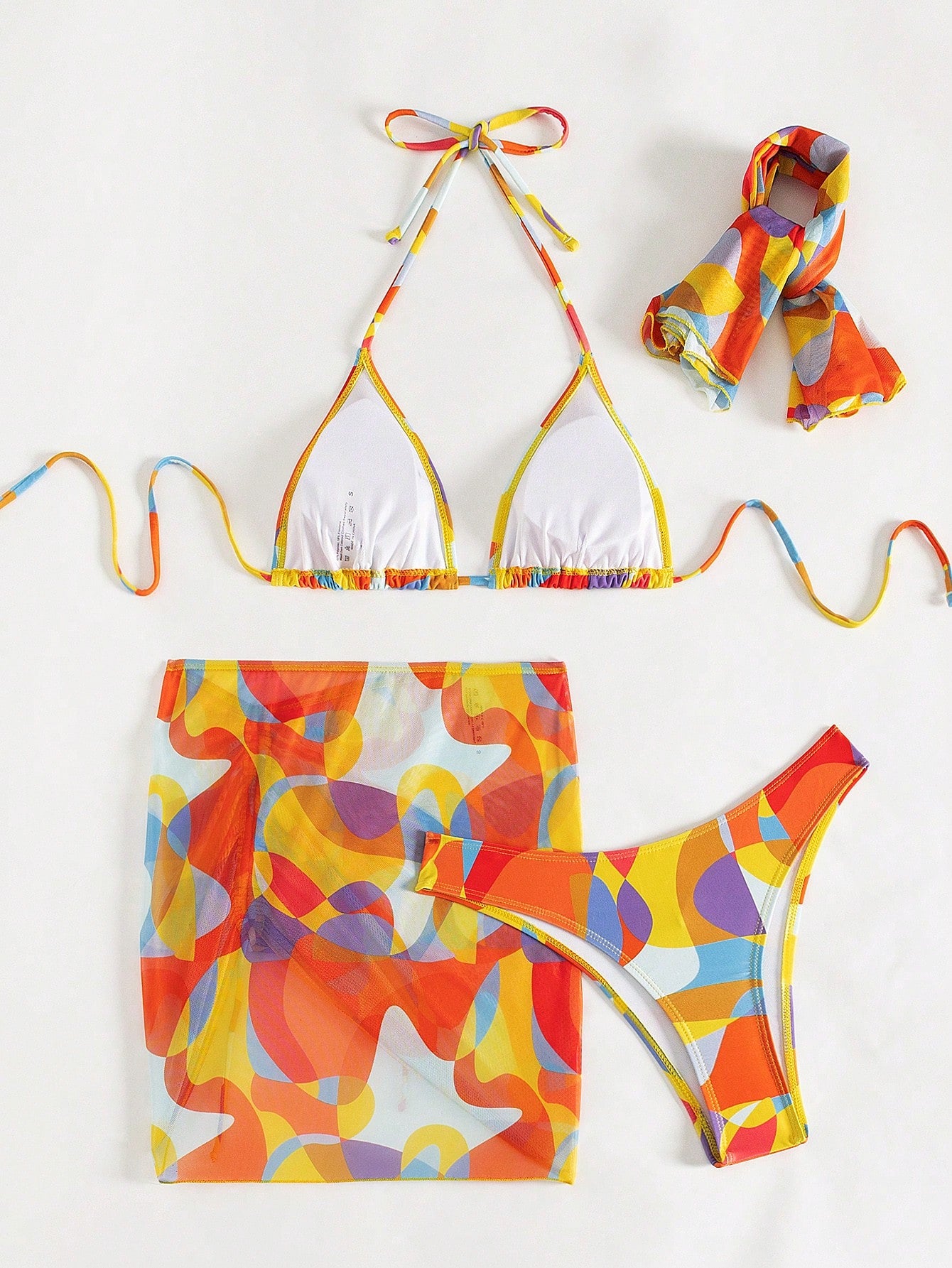 Swim Vcay Allover Print Halter Triangle Bikini Swimsuit With Beach Skirt & Bandana