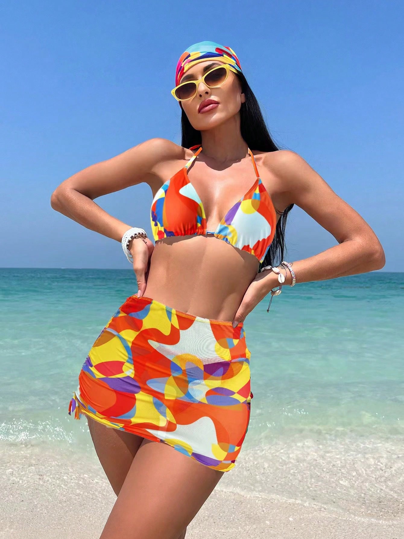 Swim Vcay Allover Print Halter Triangle Bikini Swimsuit With Beach Skirt & Bandana