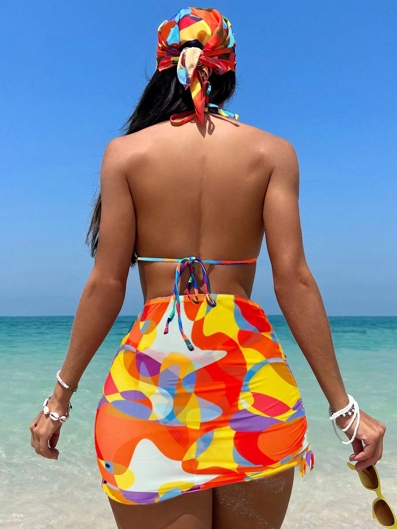 Swim Vcay Allover Print Halter Triangle Bikini Swimsuit With Beach Skirt & Bandana