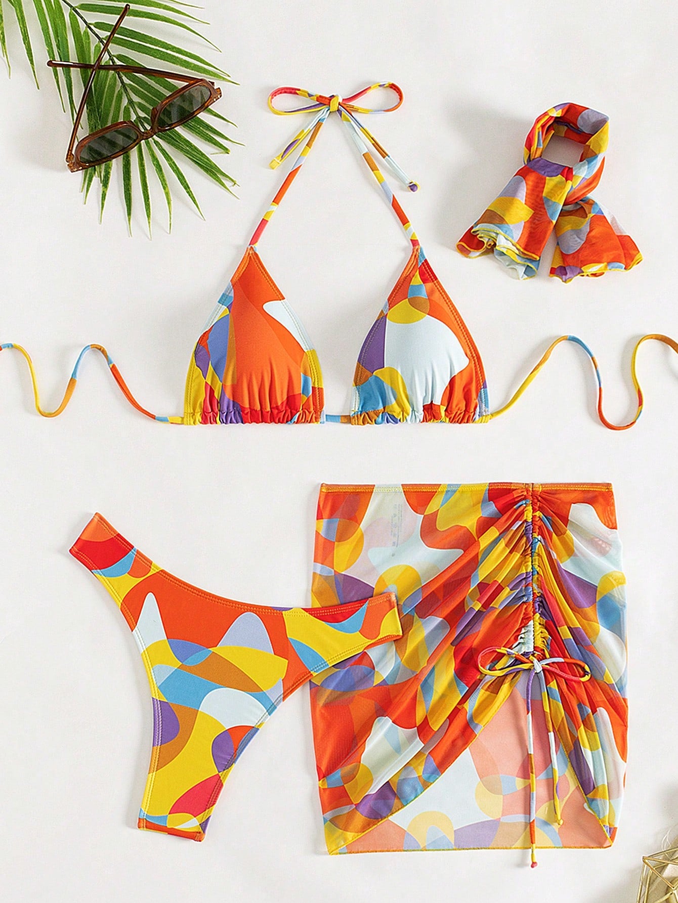 Swim Vcay Allover Print Halter Triangle Bikini Swimsuit With Beach Skirt & Bandana