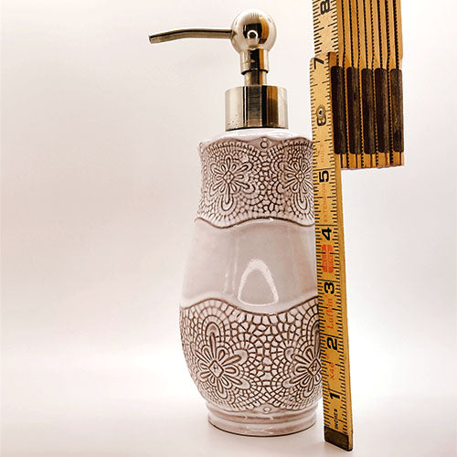 Large ceramic soap dispenser with lace-like pattern