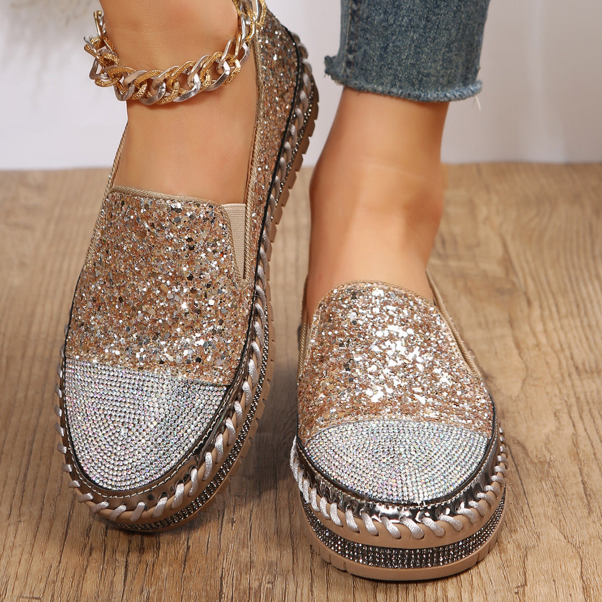 Belifi Starlight Stroll: Full Rhinestone Embellished Slip-On Shoes