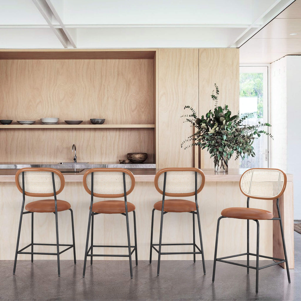 borwn bar stool with woven backrest set of 4