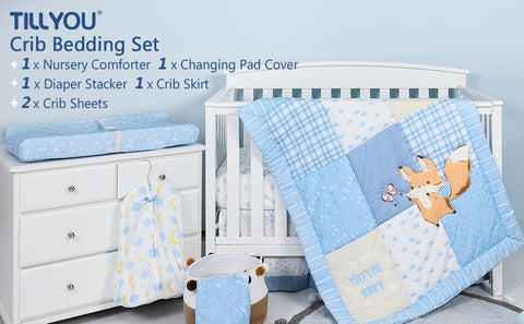 Blue Cute Fox Nursery 6-Piece Crib Bedding Set