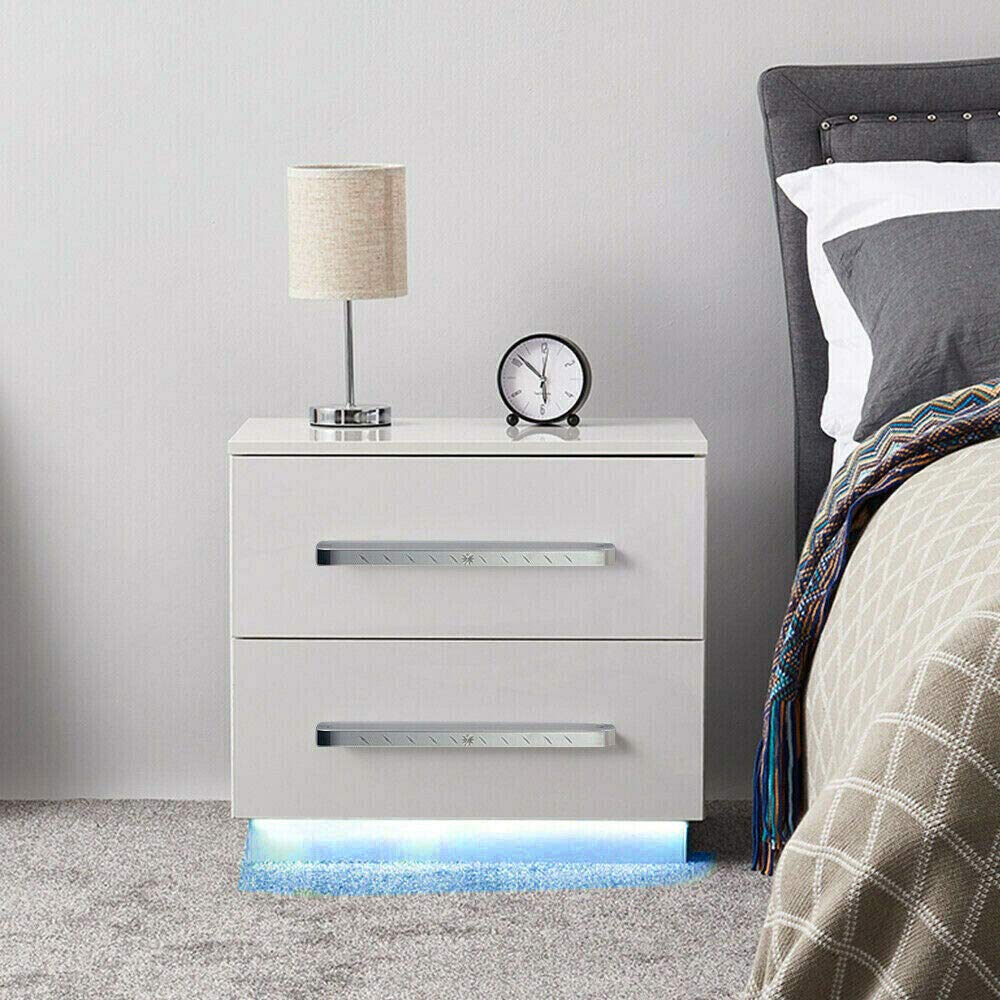 White Bedside Table with 2 Drawers and Color-changing LED Light (USB)