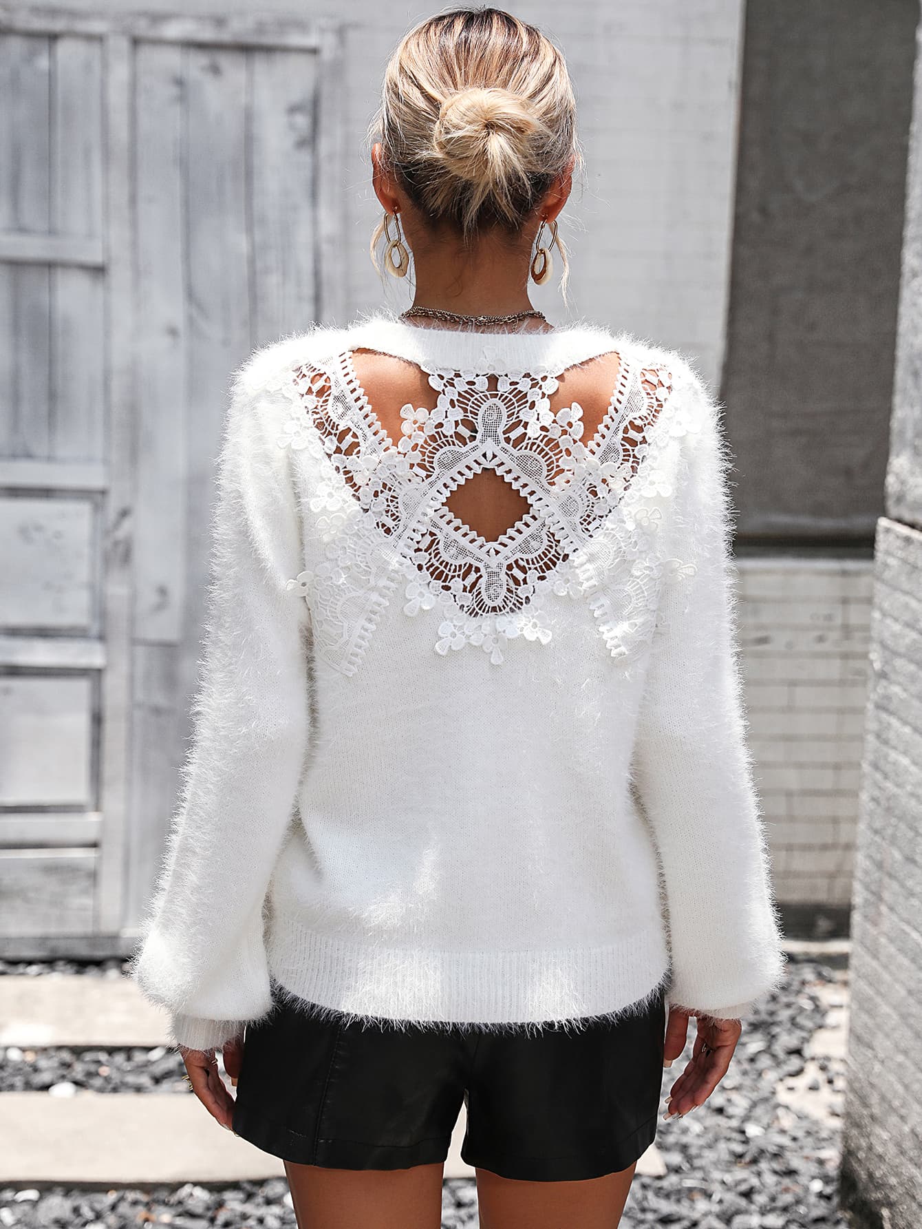 Gorgeous White Lace Detail Cutout Long Sleeve Pullover Sweater