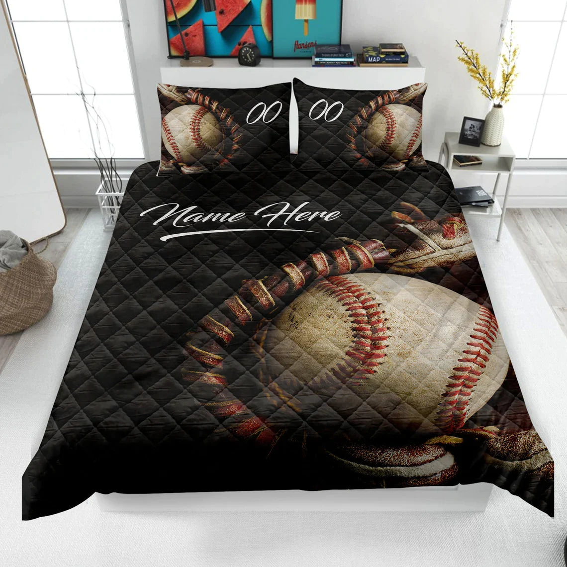 Personalized Name An Number NumberBaseball Bedding Set, Vintage Pattern Quilt Blanket And Pillowcases, Christmas Gift For Son Who Love Baseball