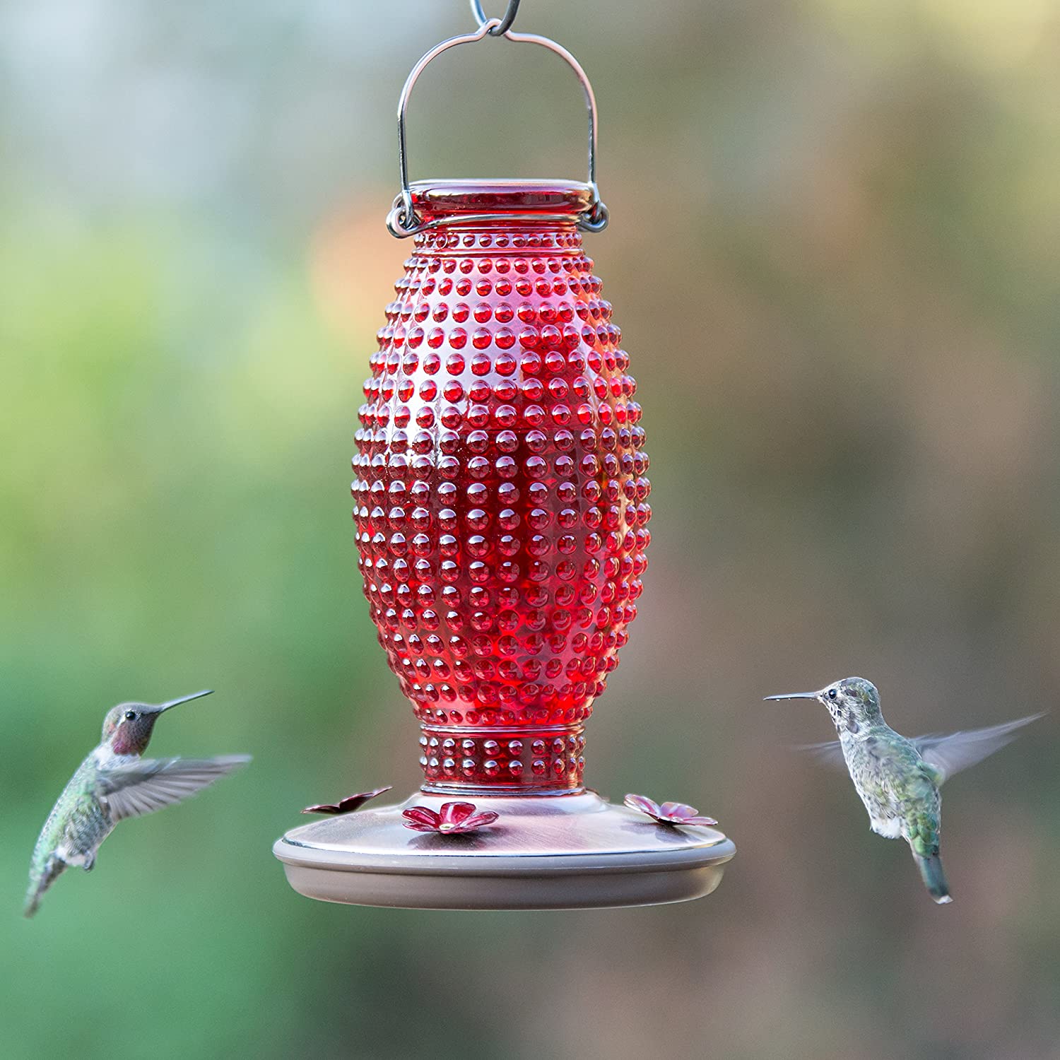 Red Hobnail Vintage Glass Hummingbird Feeder - Holds 16 oz of Nectar