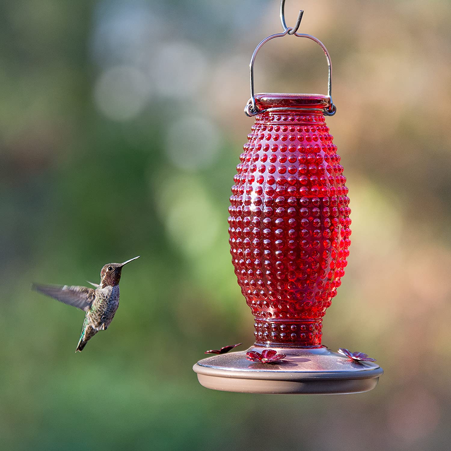 Red Hobnail Vintage Glass Hummingbird Feeder - Holds 16 oz of Nectar