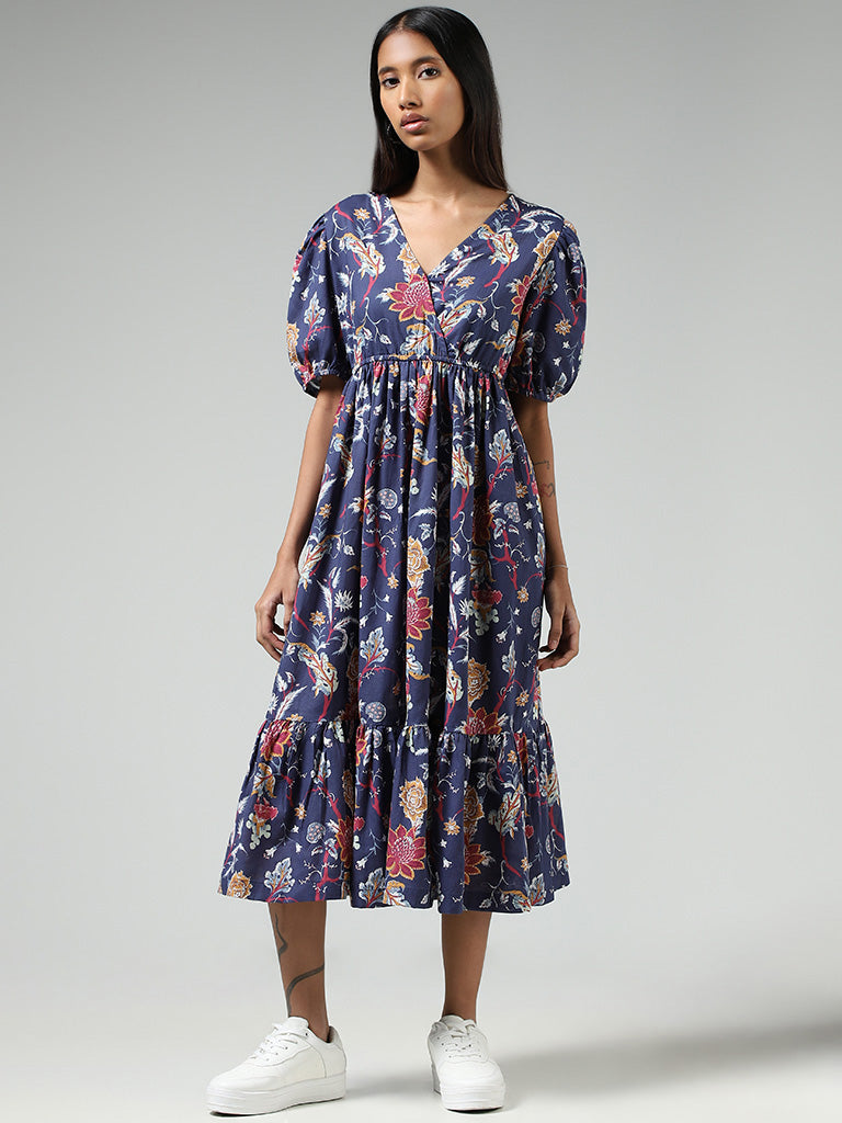 Bombay Paisley Blue Floral Printed Tiered Midi Dress