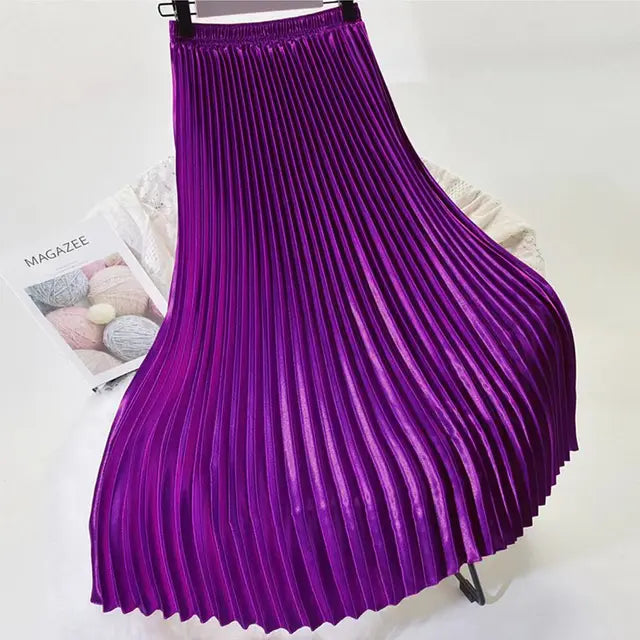 High Waist Satin Pleated Skirt SS0036 Autumn Solid Color Black Pink Blue White Long Skirt for Women