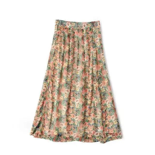 Spring and Summer New Women Skirt Idyllic Floral High-waisted Split Midi Skirt
