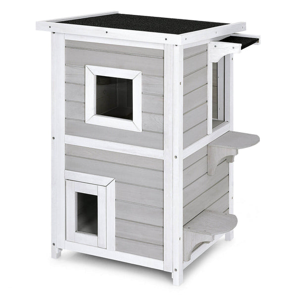 2 tier outdoor wooden cat house 