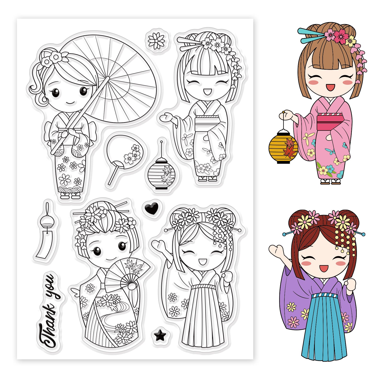 Globleland Japan, Kimono, Cherry Blossoms, Japanese Style, Lanterns, Wind Chimes, Puppet Dolls Clear Silicone Stamp Seal for Card Making Decoration and DIY Scrapbooking