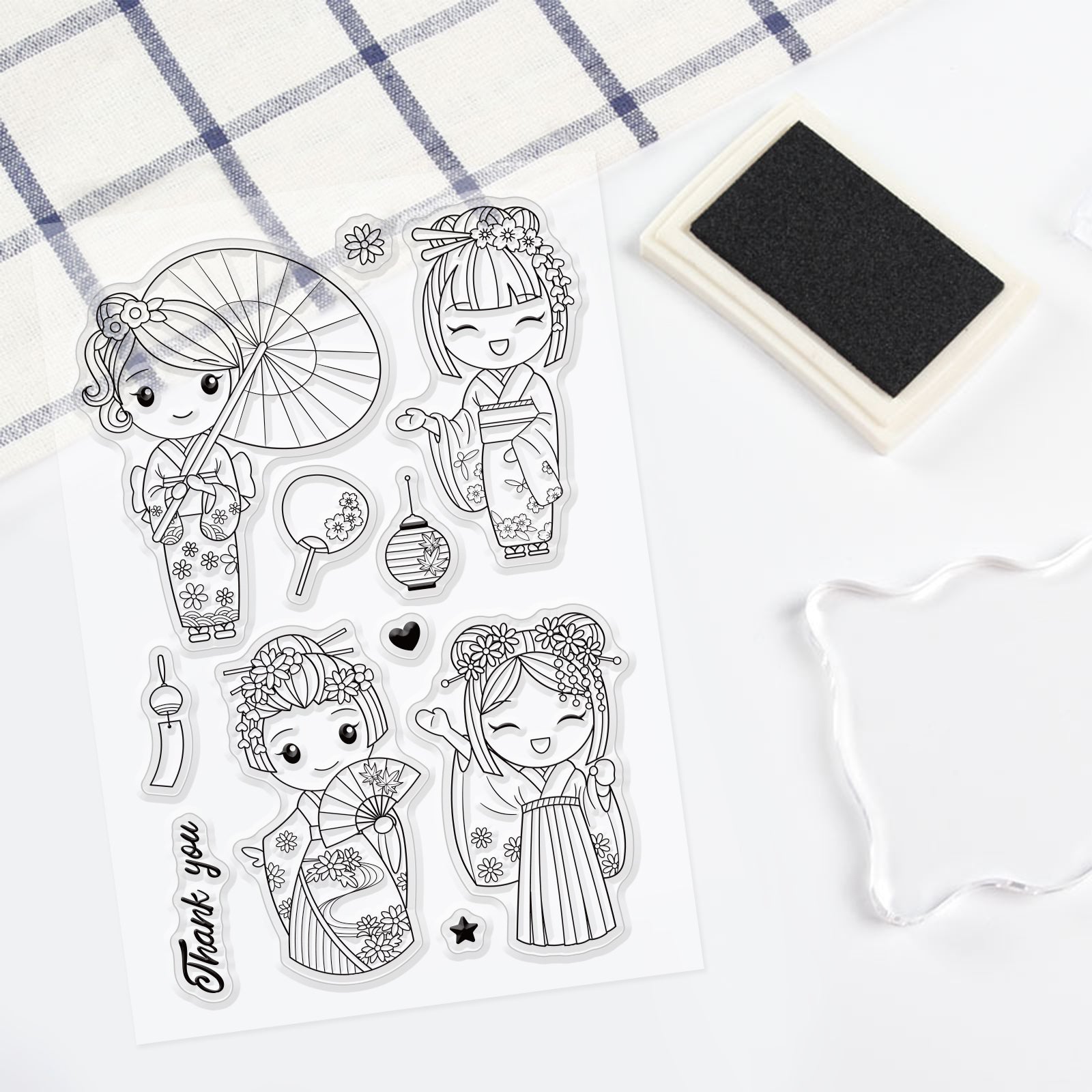 Globleland Japan, Kimono, Cherry Blossoms, Japanese Style, Lanterns, Wind Chimes, Puppet Dolls Clear Silicone Stamp Seal for Card Making Decoration and DIY Scrapbooking