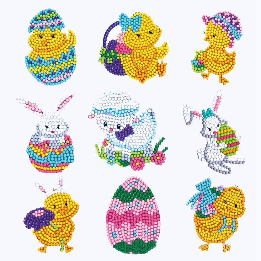 Globleland DIY Duck & Rabbit & Easter Egg Diamond Painting Sticker Kits, including Self Adhesive Sticker, Resin Rhinestones, Diamond Sticky Pen, Tray Plate and Glue Clay, Animal Pattern, 60~70mm, 9 patterns, 1pc/pattern, 9pcs, 2Set/Pack