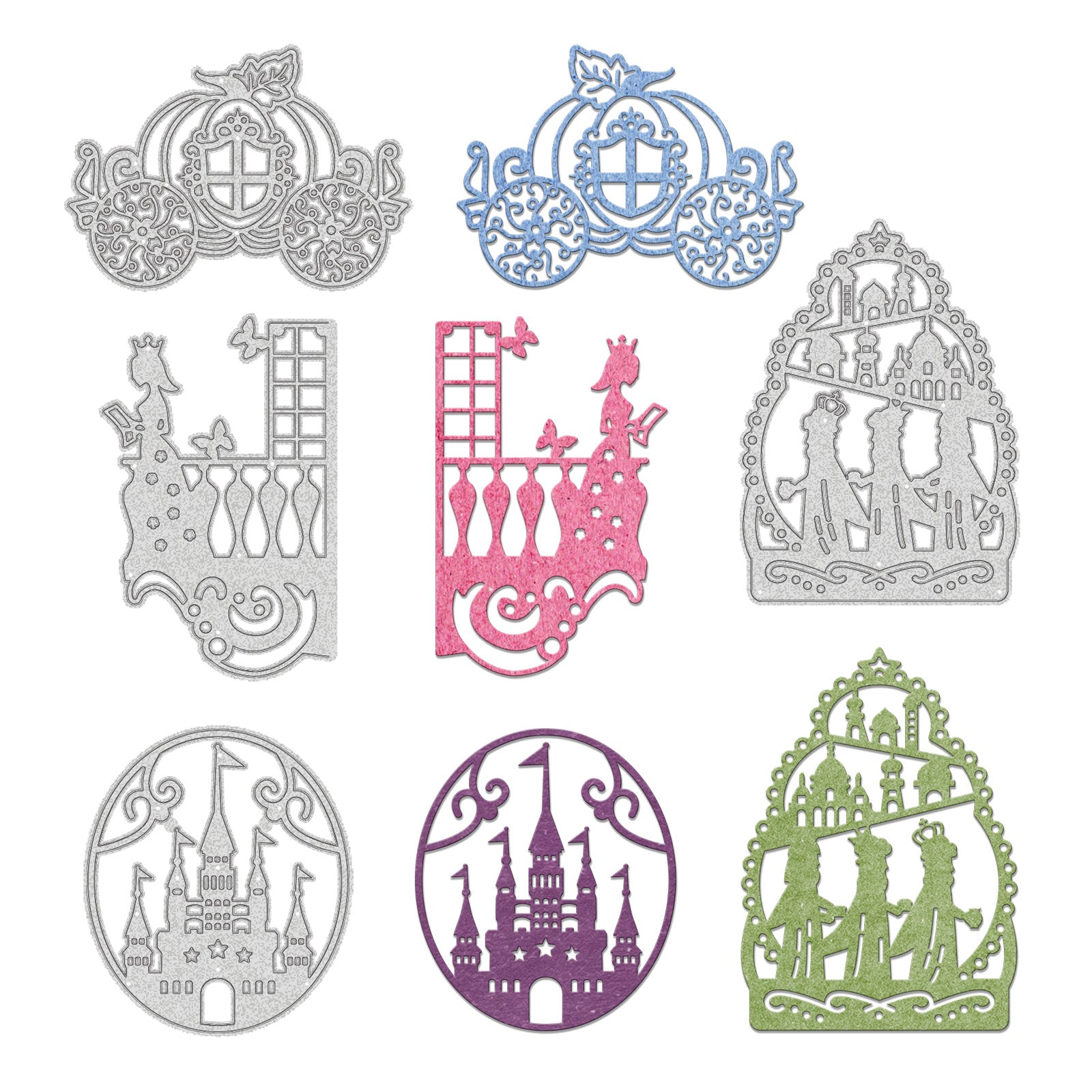 GLOBLELAND 4Pcs Metal Fairy Tale Cutting Dies Pumpkin Cart  Princess Castle Gate Stencil Template for Scrapbook Embossing Album Paper Card Craft Festival Decor, Matte Platinum