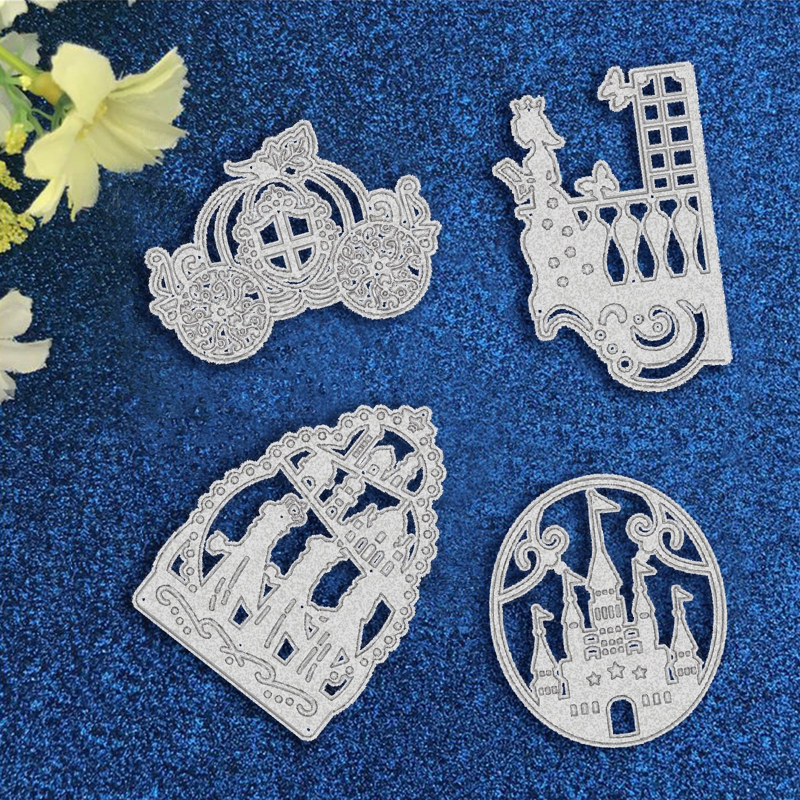 GLOBLELAND 4Pcs Metal Fairy Tale Cutting Dies Pumpkin Cart  Princess Castle Gate Stencil Template for Scrapbook Embossing Album Paper Card Craft Festival Decor, Matte Platinum