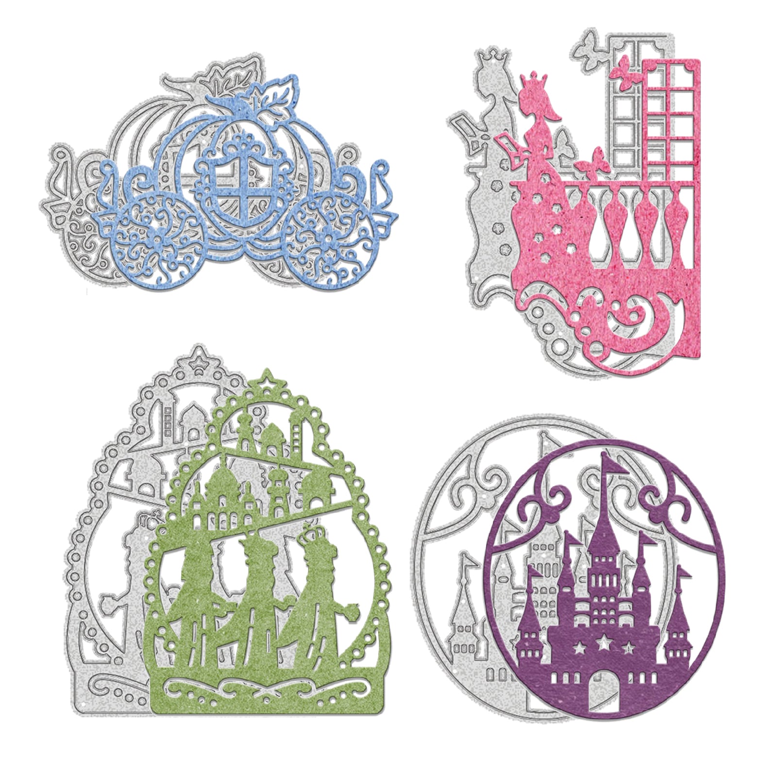 GLOBLELAND 4Pcs Metal Fairy Tale Cutting Dies Pumpkin Cart  Princess Castle Gate Stencil Template for Scrapbook Embossing Album Paper Card Craft Festival Decor, Matte Platinum