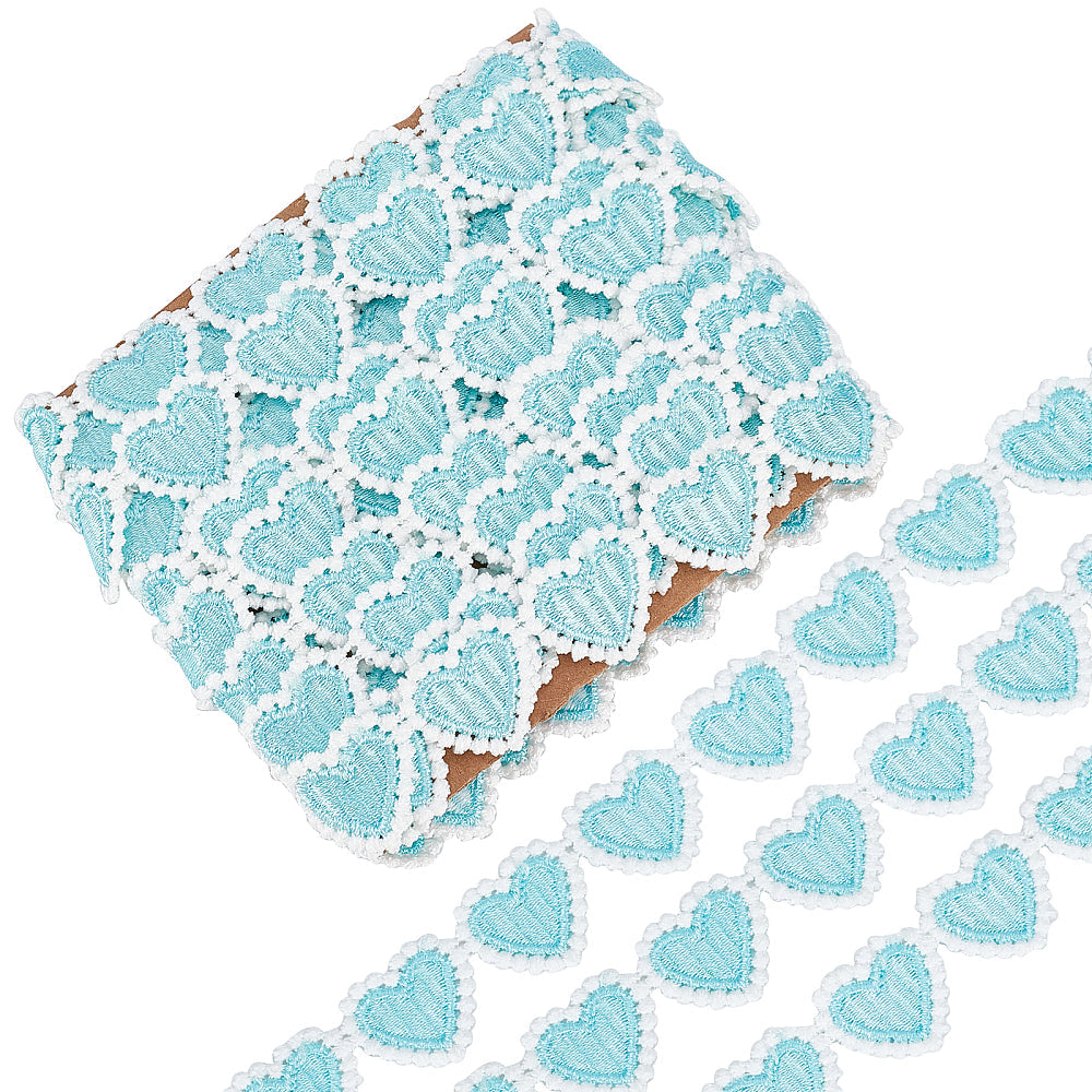 1 Bag 5 Yards 23mm Cyan Heart Lace Trim Heart-Shaped Embroidered Woven Ribbon White Edging Trimmings Applique for DIY Sewing Crafts Clothing Curtain Skirt Hat Bags Photo Frame Embellishments