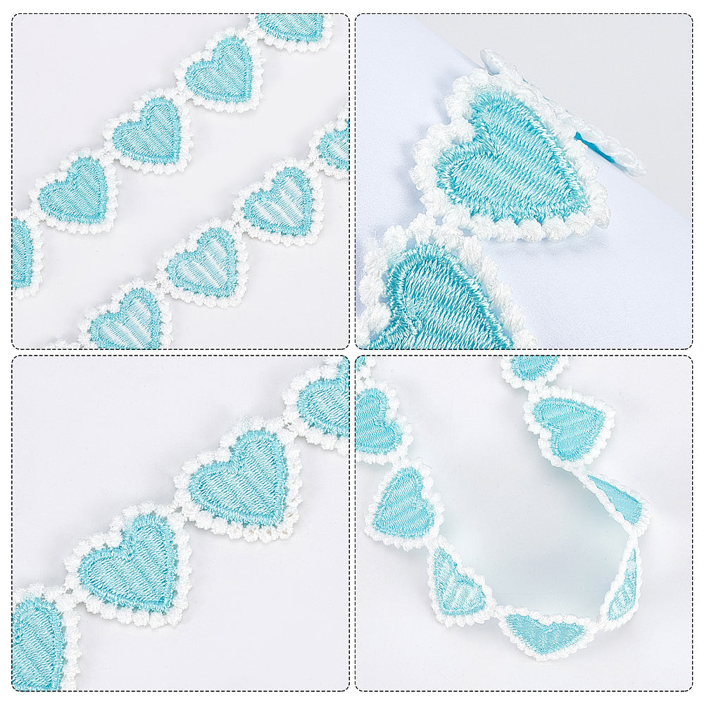 1 Bag 5 Yards 23mm Cyan Heart Lace Trim Heart-Shaped Embroidered Woven Ribbon White Edging Trimmings Applique for DIY Sewing Crafts Clothing Curtain Skirt Hat Bags Photo Frame Embellishments