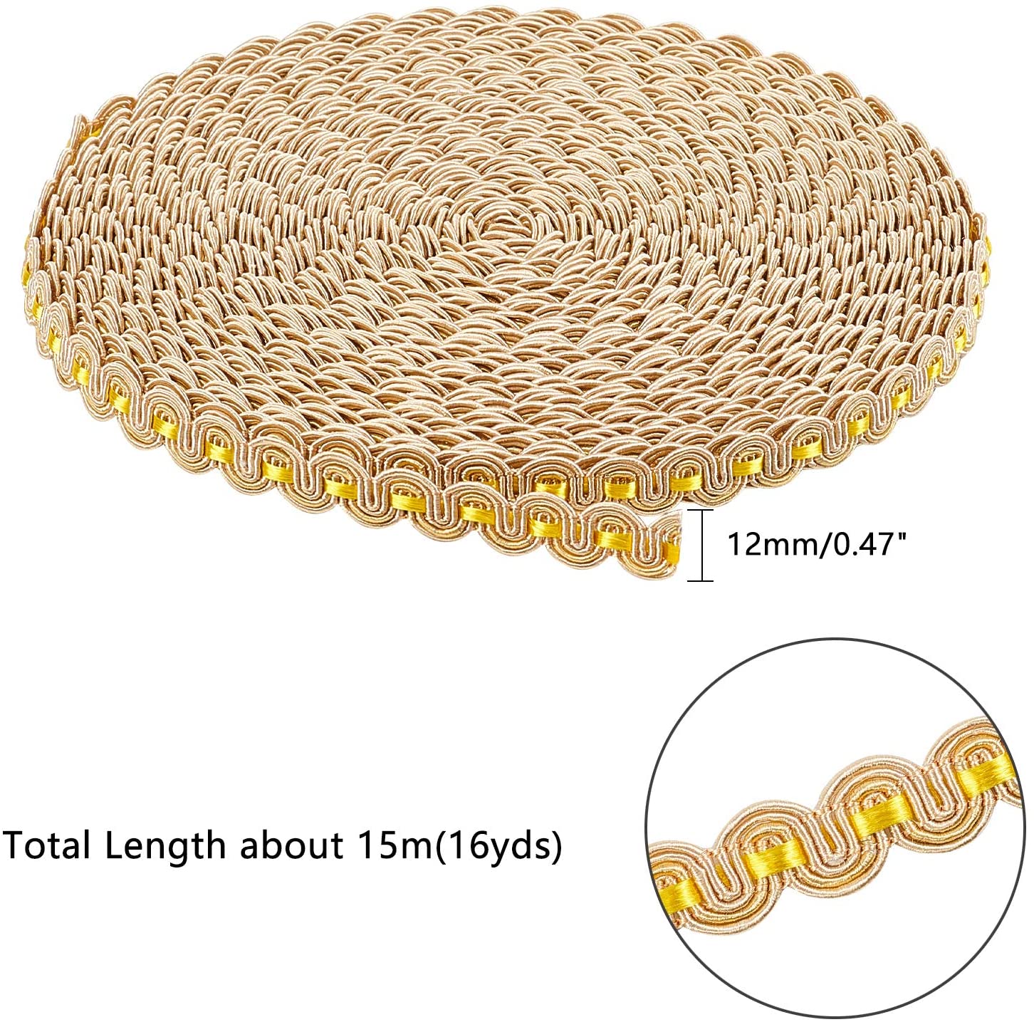 15M(16 Yards) 1/2(14mm) Nylon Curve Pattern Gimp Braid Trim for Costume DIY Crafts Sewing Jewelry Making Home Decoration, Dark Gold