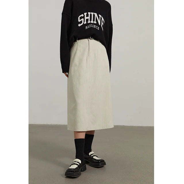 DUSHU Corduroy Retro High Waist Skirt Women Autumn Winter Back Slit Commuter Casual Solid Color Length-option Female Skirts