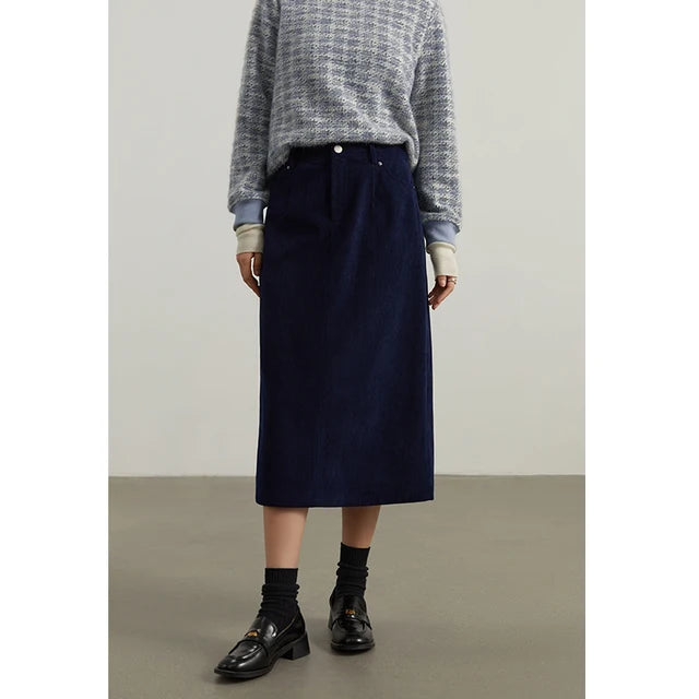 DUSHU Corduroy Retro High Waist Skirt Women Autumn Winter Back Slit Commuter Casual Solid Color Length-option Female Skirts