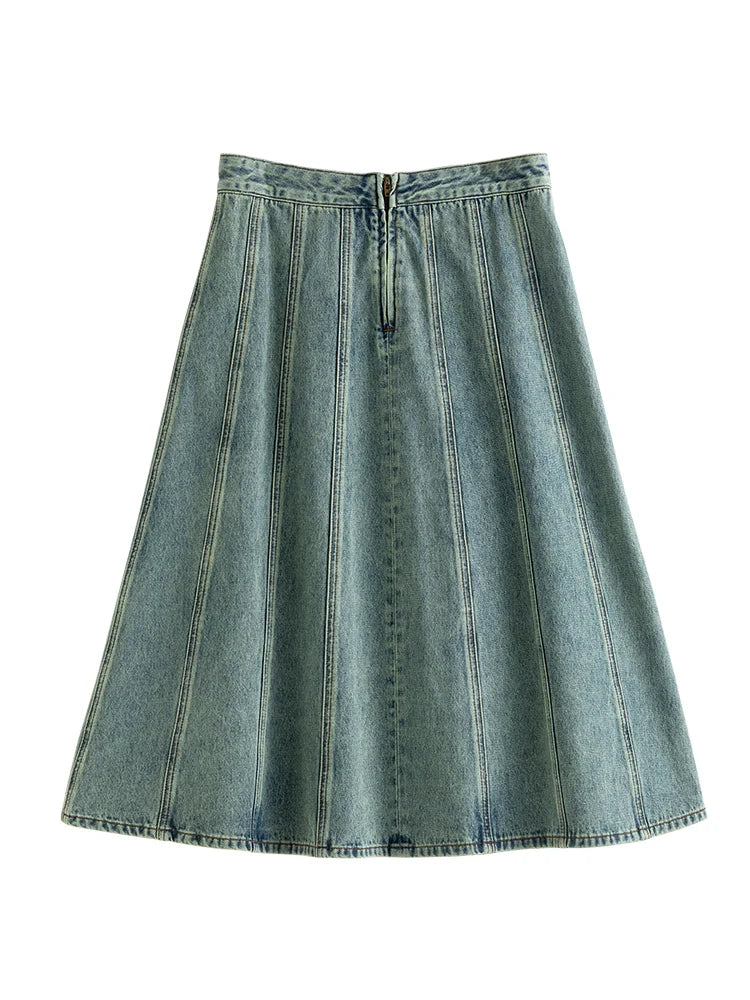 DUSHU Retro Sense High Waist Design Denim Skirt for Women Spring New Chic High Street Style Denim Blue A-line Skirt Female