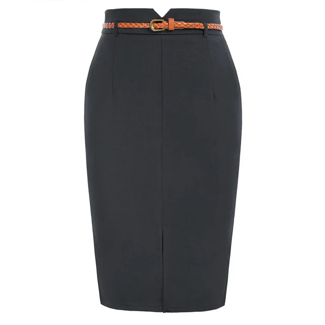 Women's High Waisted Pencil Skirts Slit Office Business Pencil Skirt With Belt Vintage Center Front Slit Skirt Bodycon Workwear