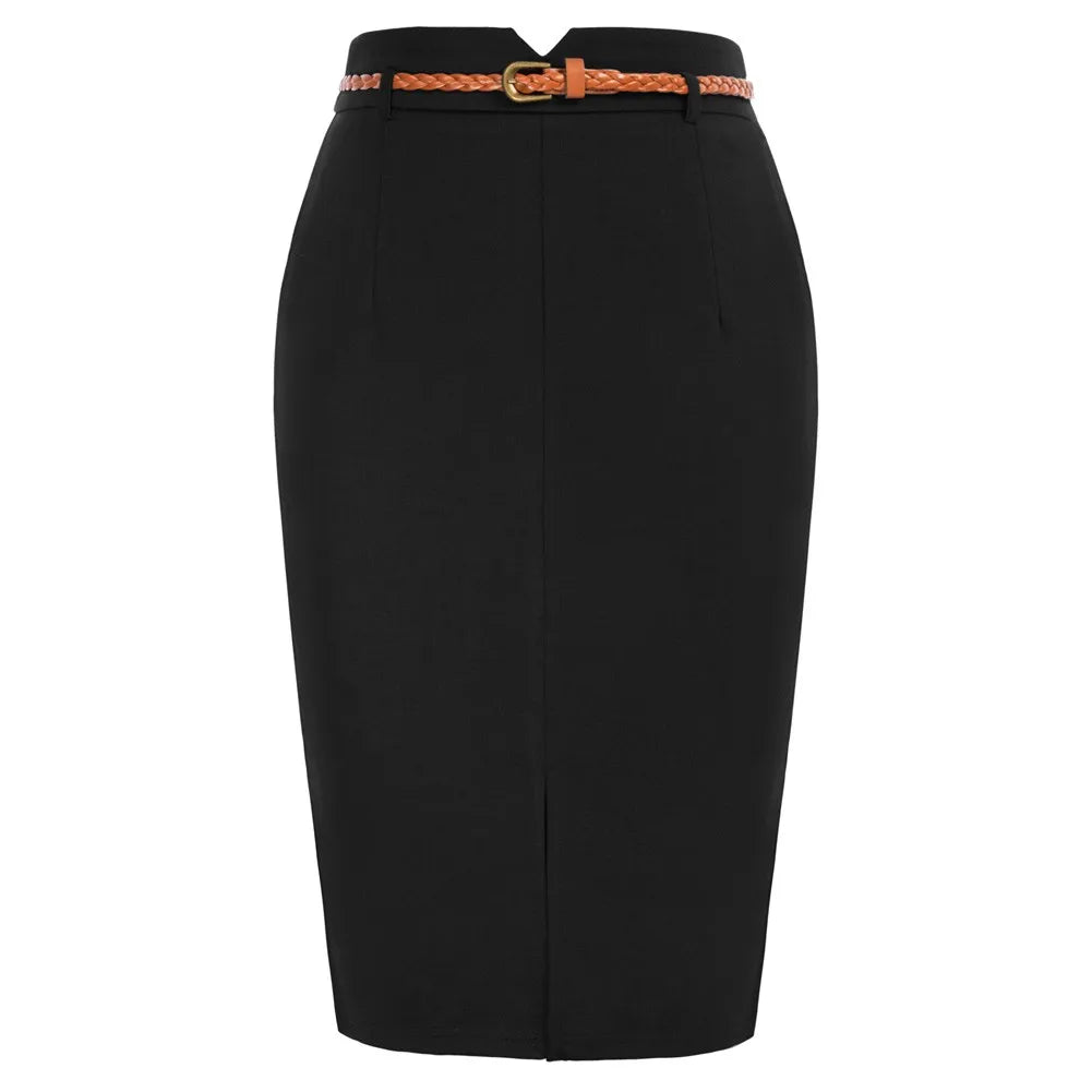 Women's High Waisted Pencil Skirts Slit Office Business Pencil Skirt With Belt Vintage Center Front Slit Skirt Bodycon Workwear