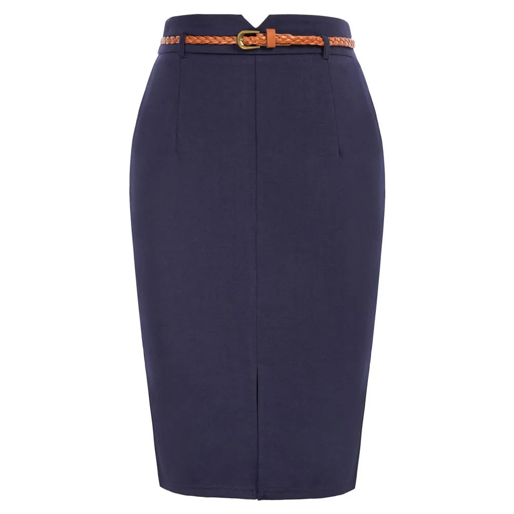 Women's High Waisted Pencil Skirts Slit Office Business Pencil Skirt With Belt Vintage Center Front Slit Skirt Bodycon Workwear