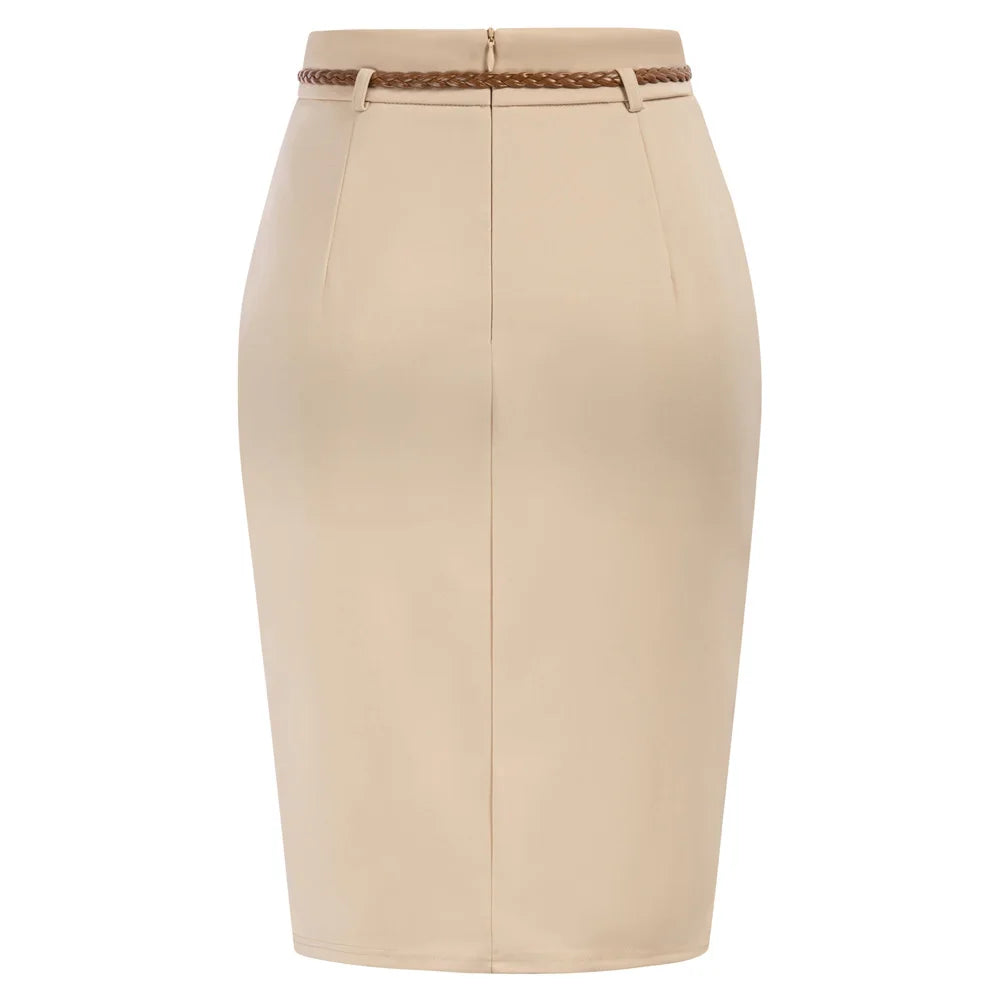 Women's High Waisted Pencil Skirts Slit Office Business Pencil Skirt With Belt Vintage Center Front Slit Skirt Bodycon Workwear