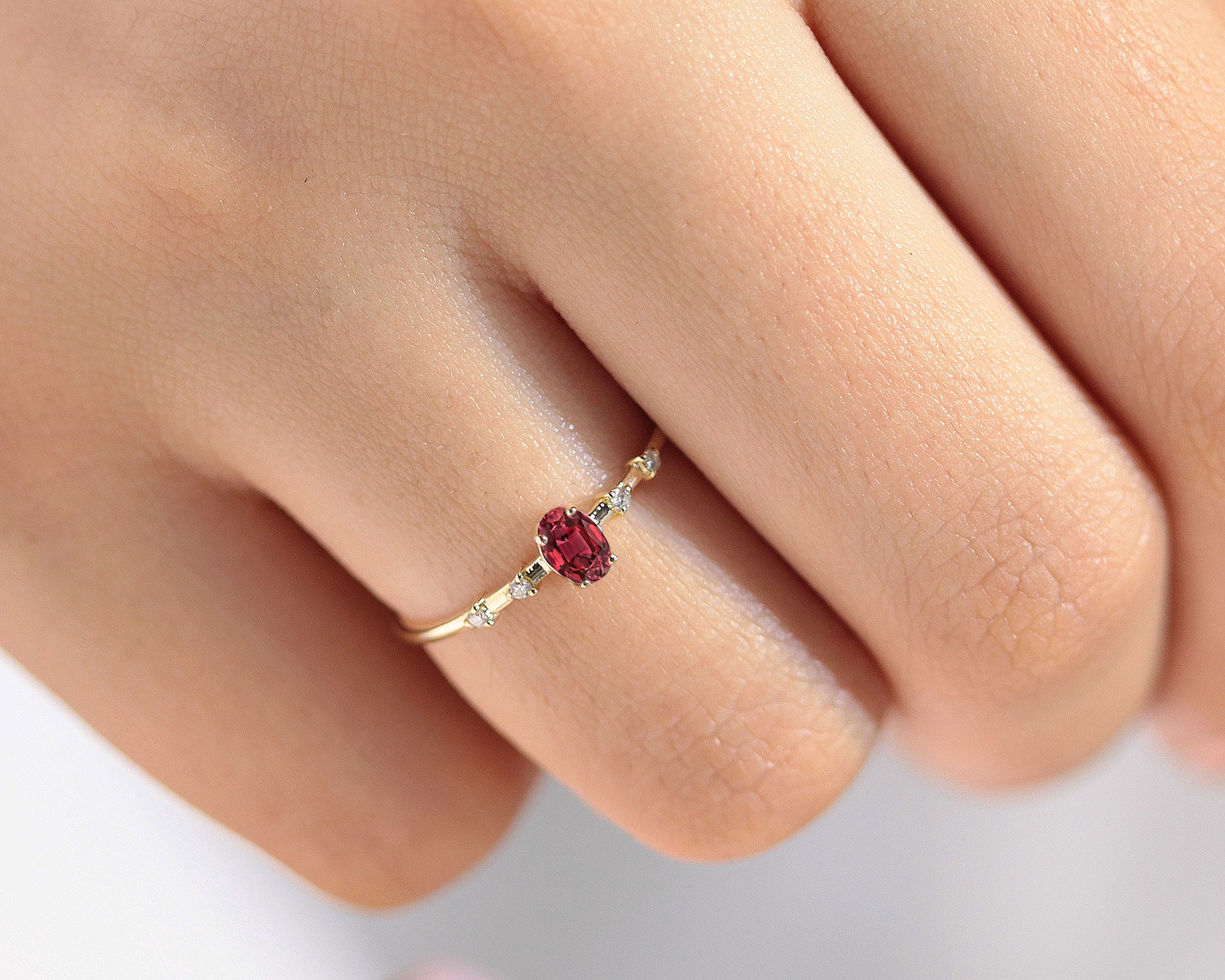 Dainty Ring, Prong Setting Oval cut Ruby and Diamond Ring , 14K Yellow Solid Gold