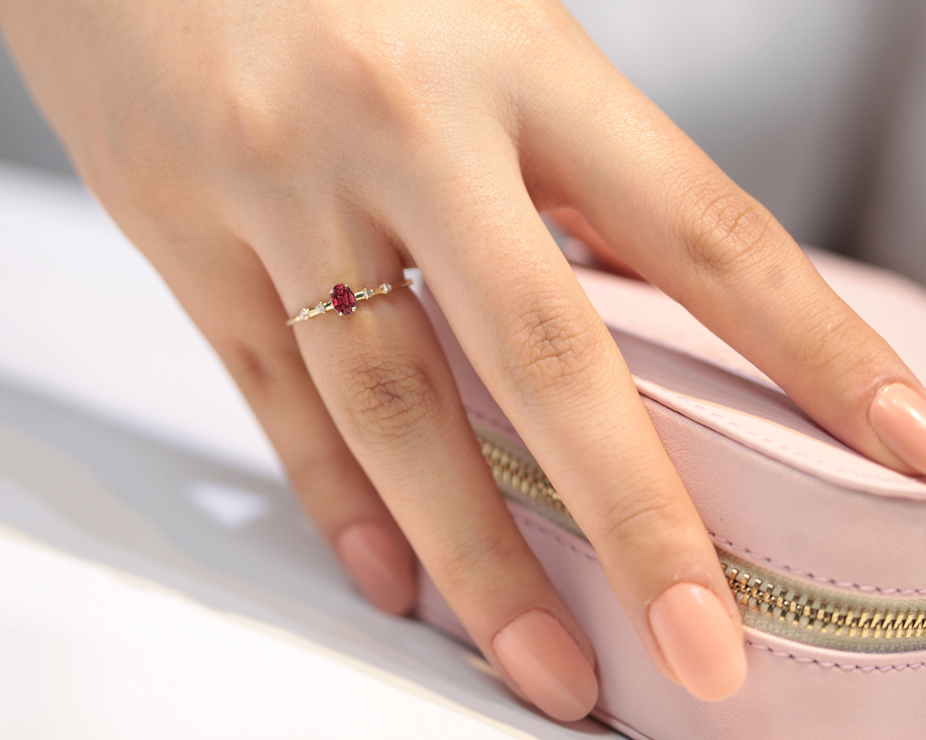 Dainty Ring, Prong Setting Oval cut Ruby and Diamond Ring , 14K Yellow Solid Gold