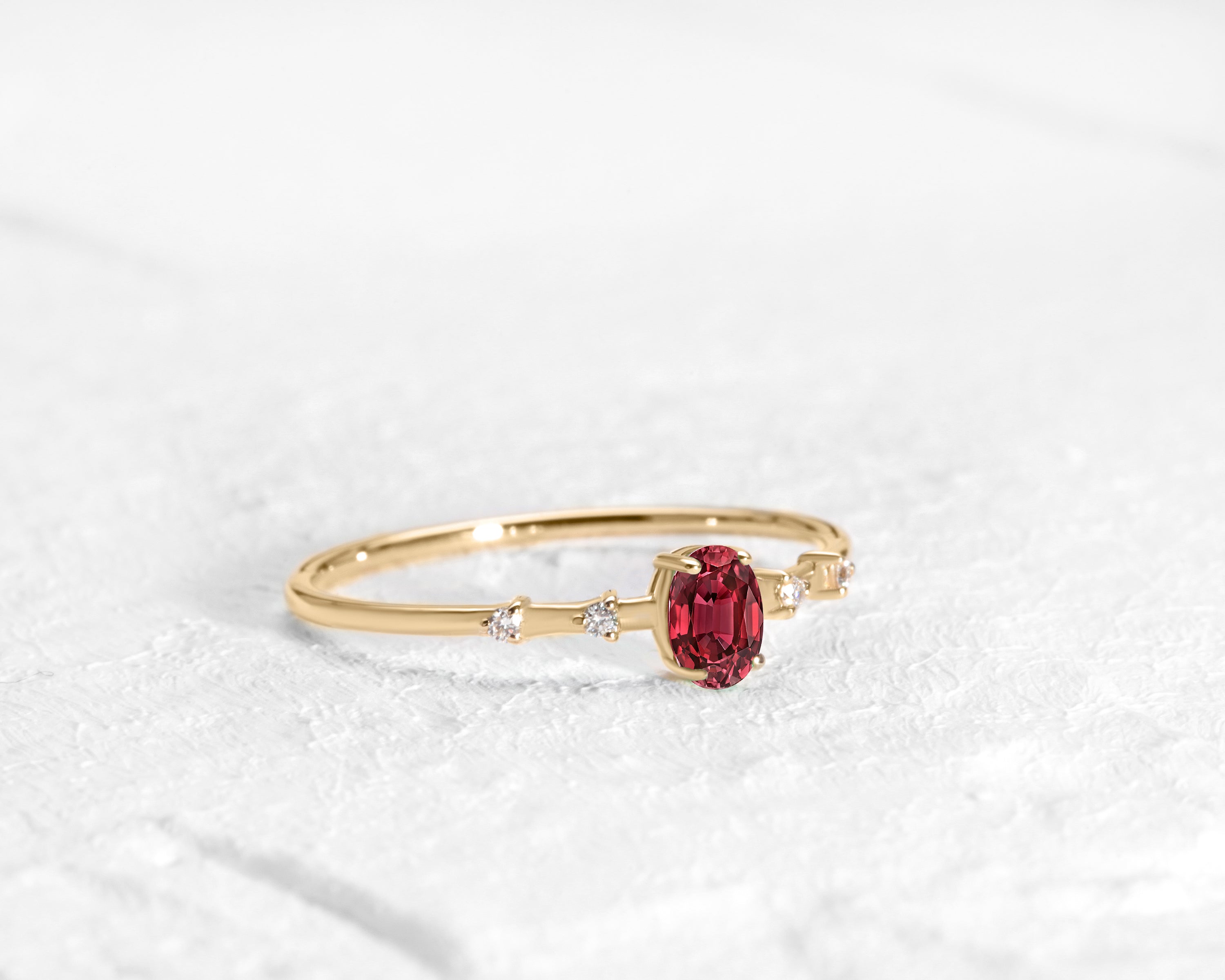 Dainty Ring, Prong Setting Oval cut Ruby and Diamond Ring , 14K Yellow Solid Gold