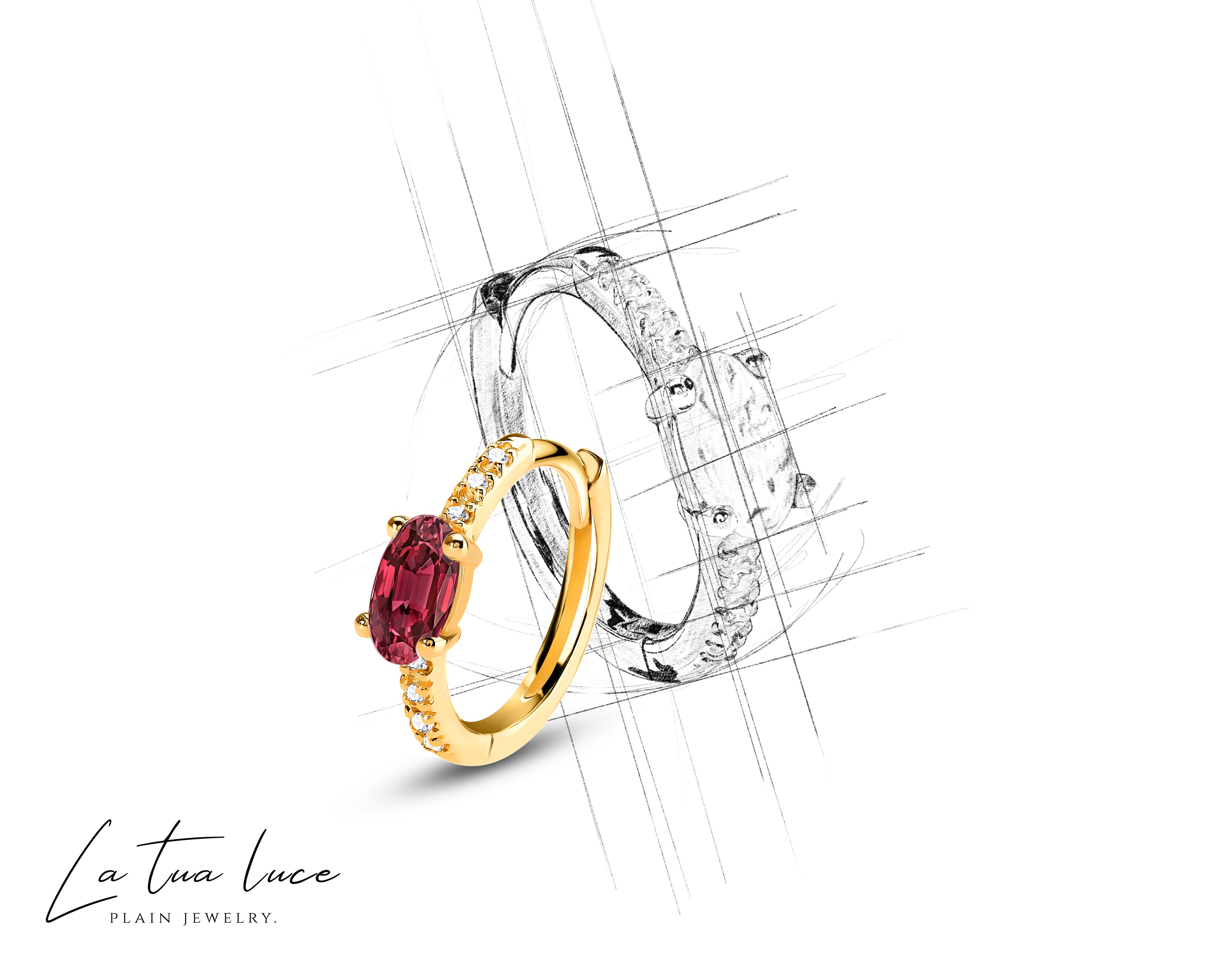 Oval Cut Ruby and Diamond Design Hoop Earring , 14K Solid Gold Earlobe Earring