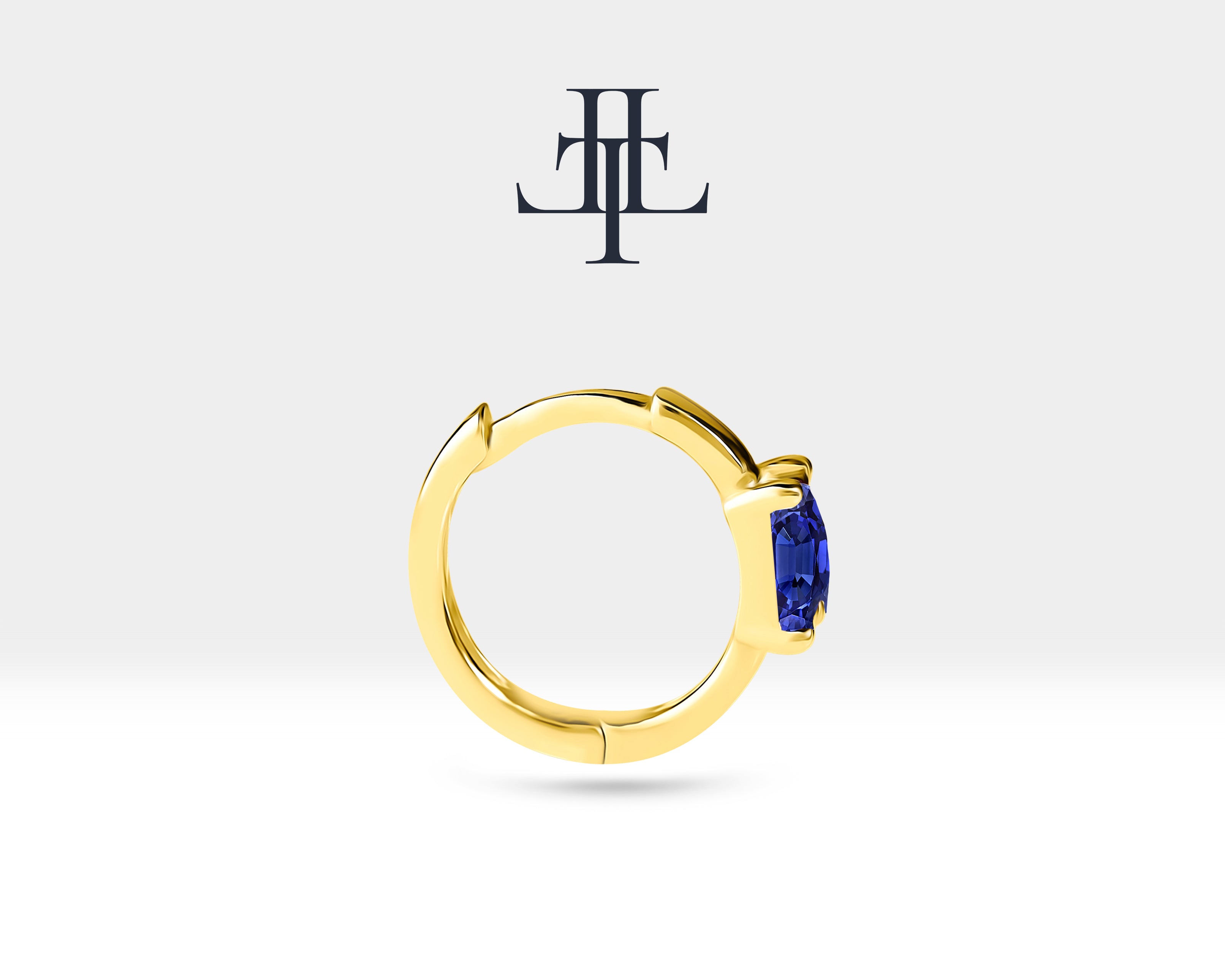 Cartilage Hoop Oval Cut Sapphire Earring , Single Earring , 14K Yellow Solid Gold