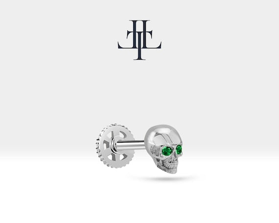 Cartilage Tragus Skull Design Green Garnet  Piercing,Single Daith Stud Earring ,14K Gold