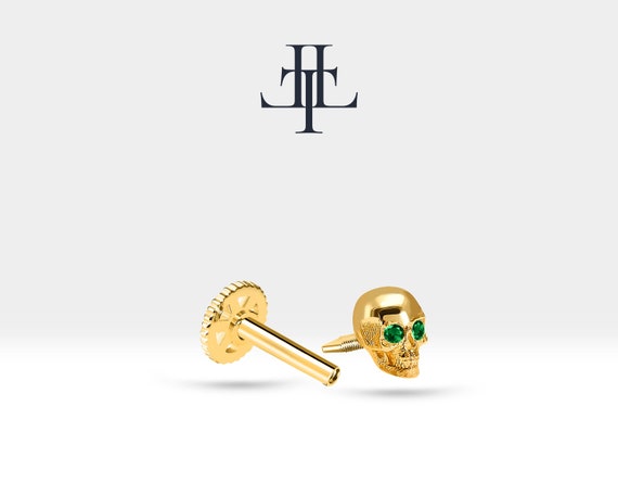 Cartilage Tragus Skull Design Green Garnet  Piercing,Single Daith Stud Earring ,14K Gold