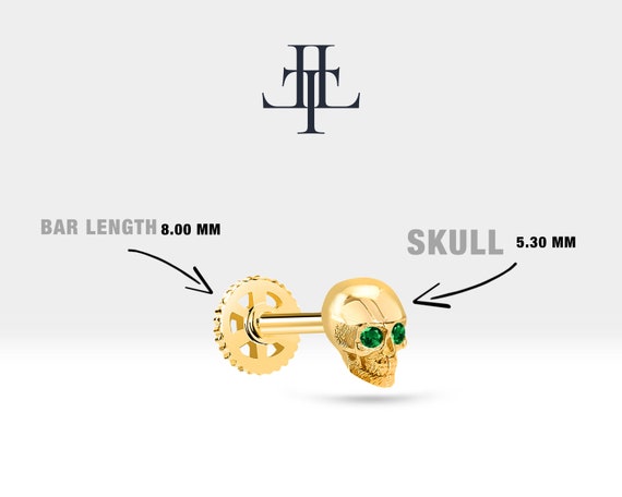 Cartilage Tragus Skull Design Green Garnet  Piercing,Single Daith Stud Earring ,14K Gold