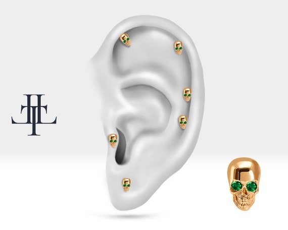 Cartilage Tragus Skull Design Green Garnet  Piercing,Single Daith Stud Earring ,14K Gold