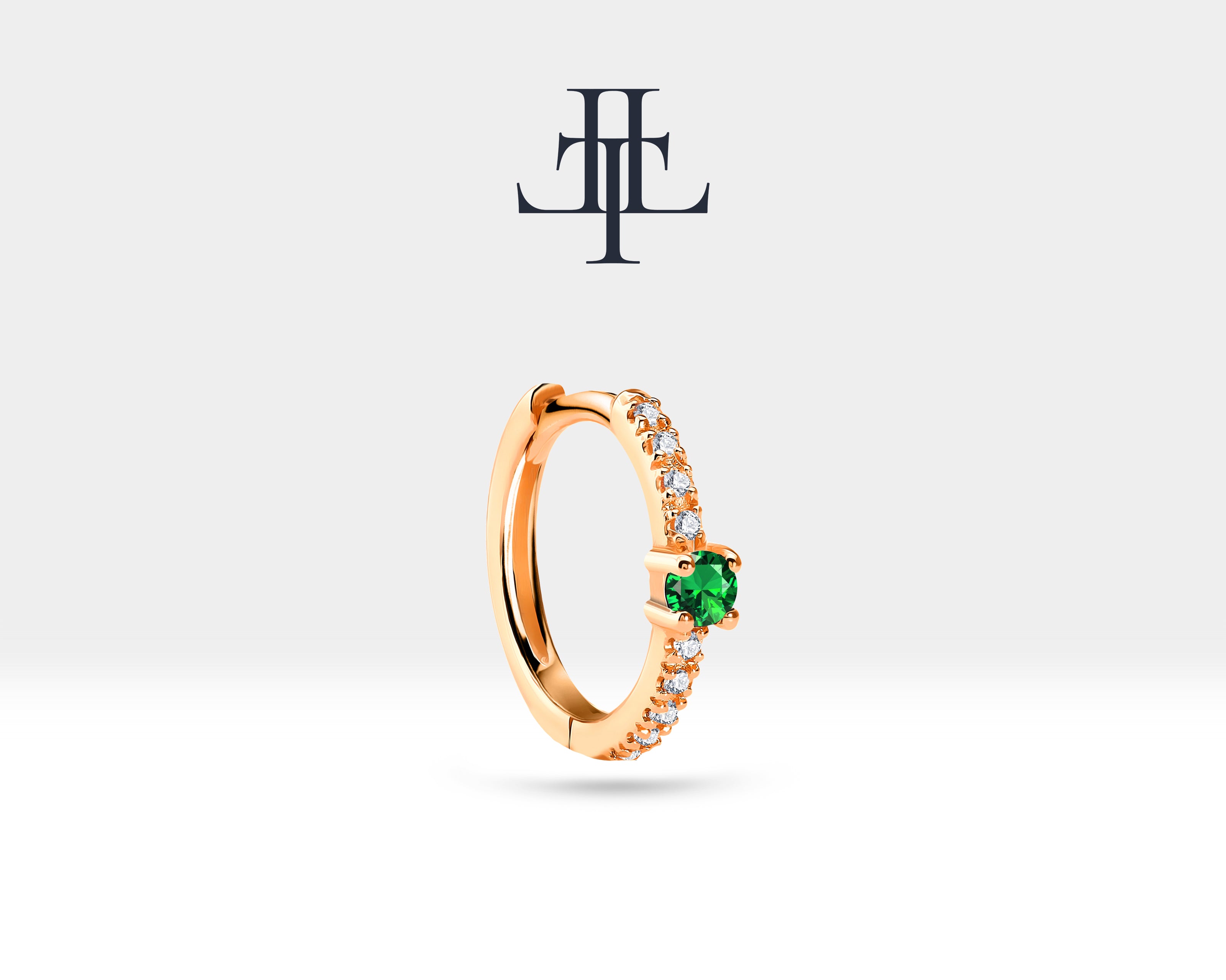 Huggies Earring, Round Cut Green Garnet and Diamond Hoop Earring ,14K Yellow Gold