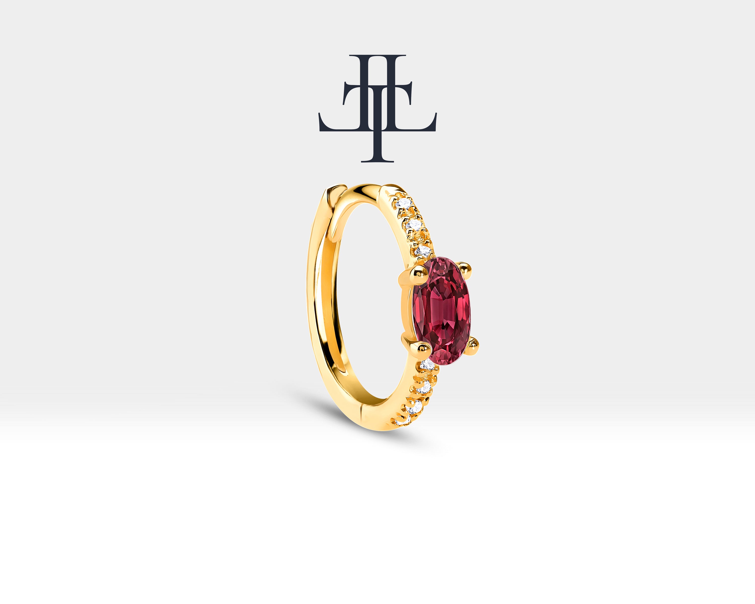 Oval Cut Ruby and Diamond Design Hoop Earring , 14K Solid Gold Earlobe Earring