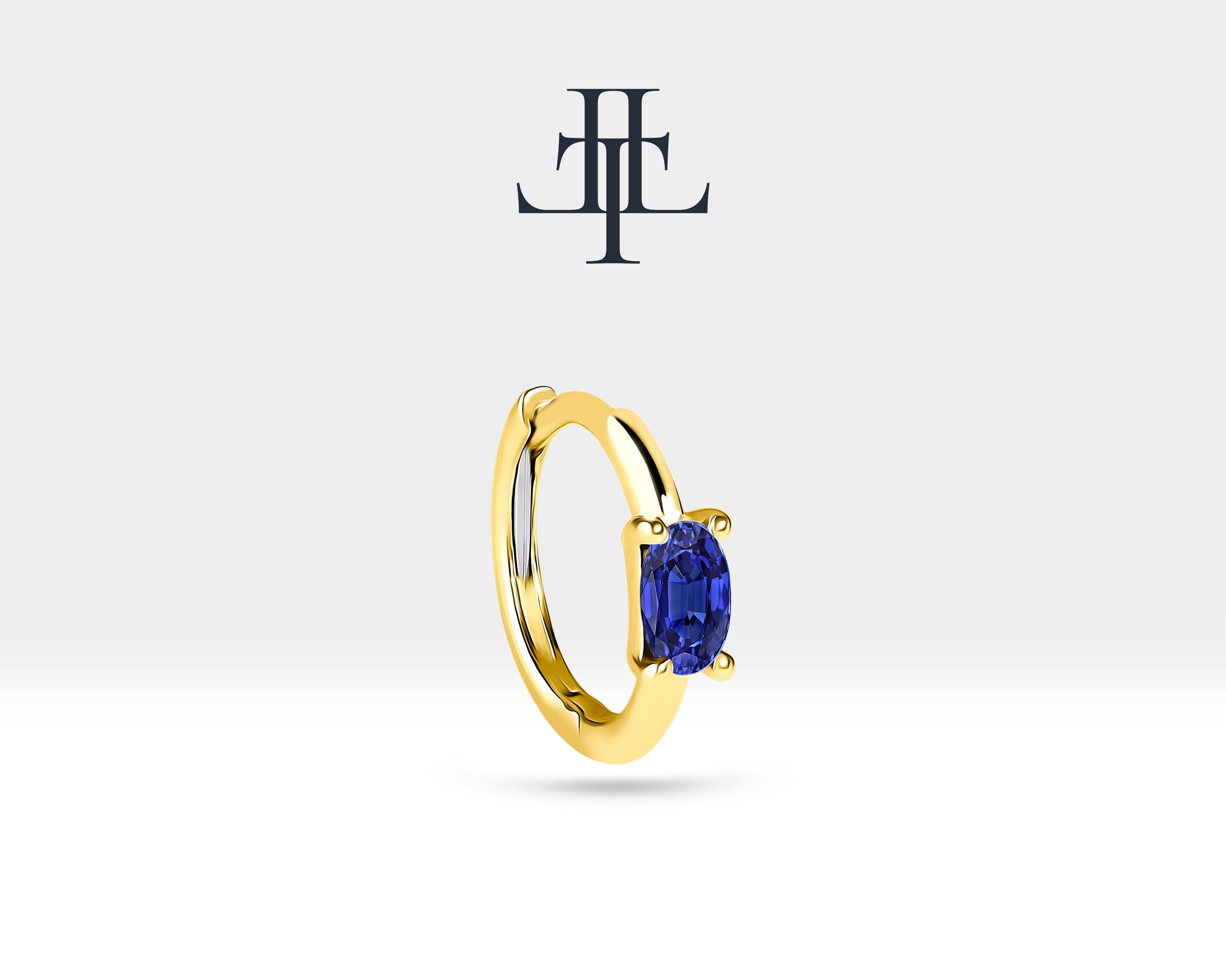 Cartilage Hoop Oval Cut Sapphire Earring , Single Earring , 14K Yellow Solid Gold