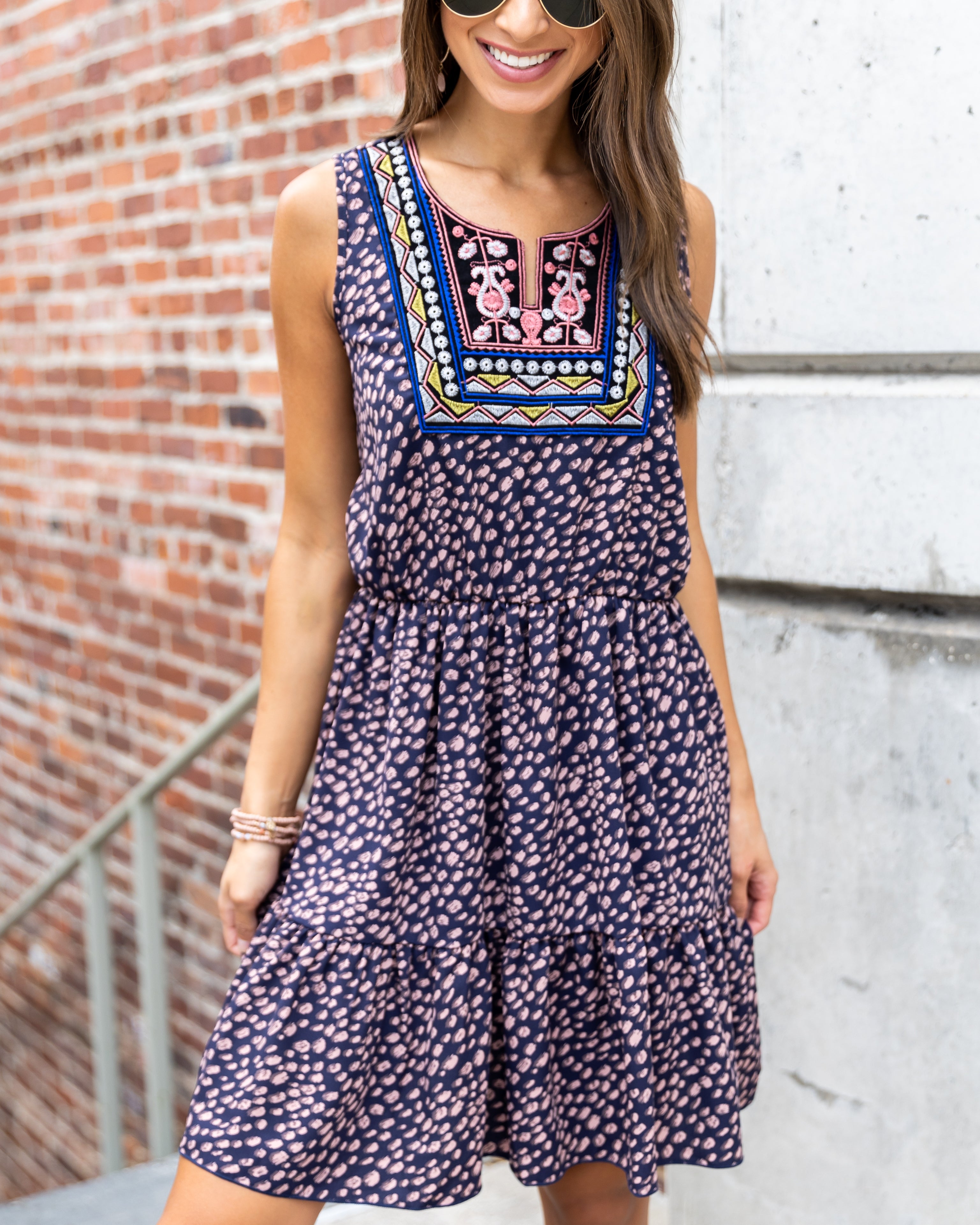 Alyssa Embroidered Spotted Dress - Navy